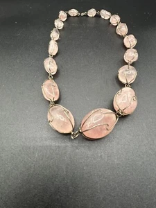 Vintage rosa Rosenquarz große Käfig Stein Perlen Halskette Schmuck - Bild 1 von 5