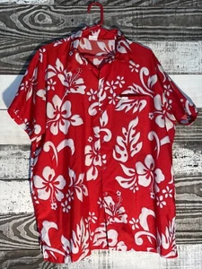 King Kameha Hawaiian Shirt Mens LARGE RED White Tropical Hibiscus Floral - Imagen 1 de 8