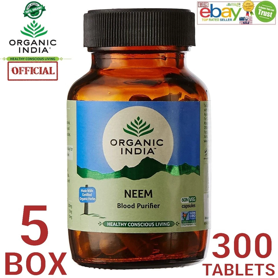 Orgánico India Neem EE. UU. OFICIAL 5 CAJA 300 Cápsulas Cuidado Inmunidad Piel Foto 1 de 4