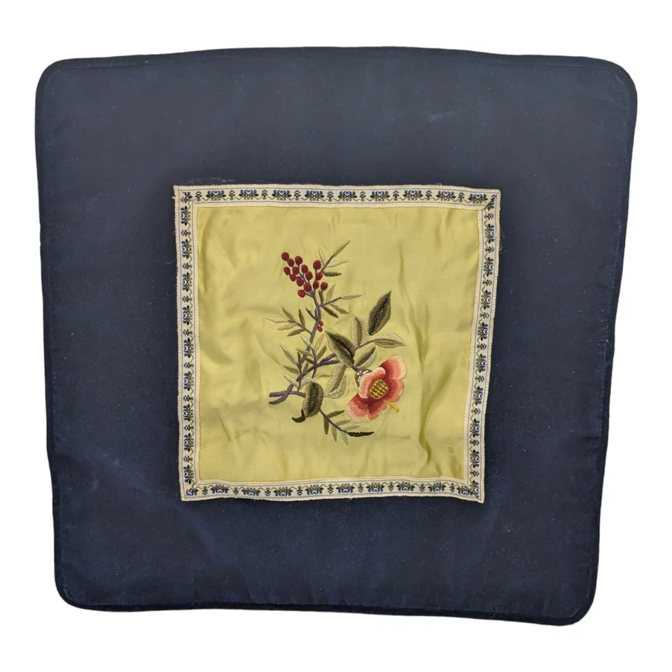 Royal Blue Velvet And Embroidered Flowers Accent Pillow Cover 14"x 14" - Image 1 of 4
