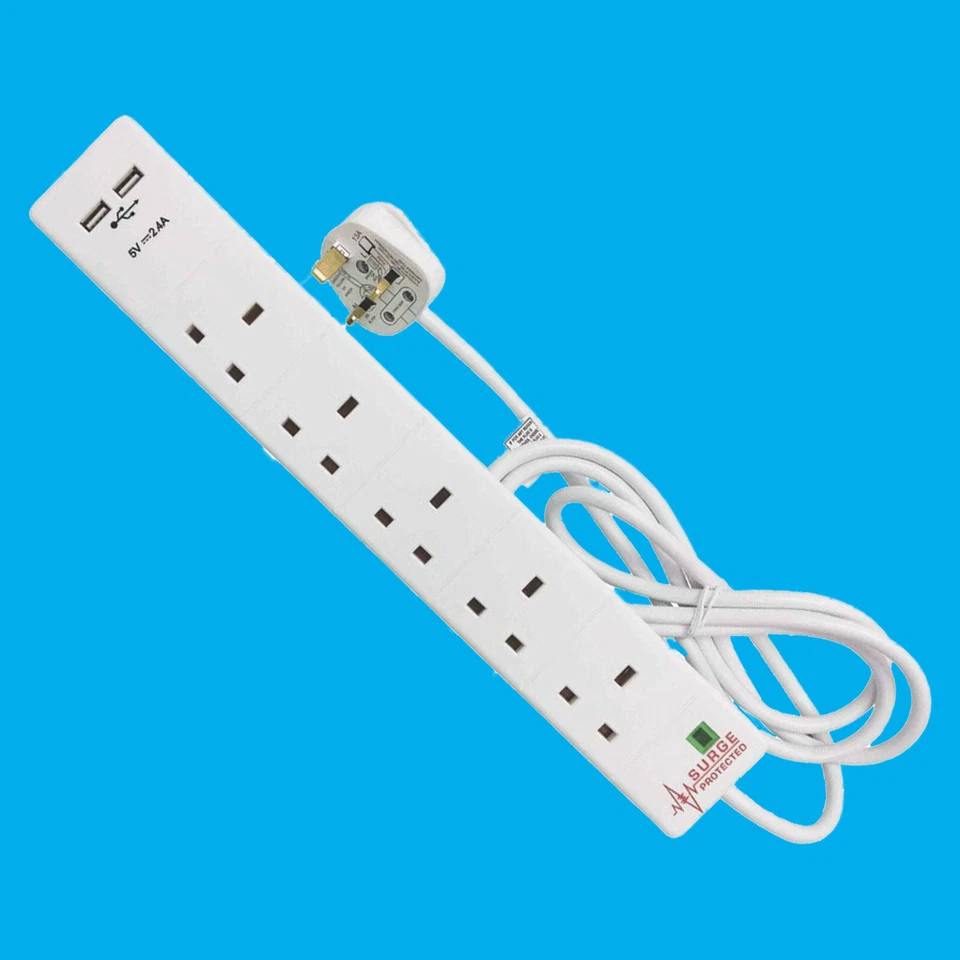 5 Gang Surge Protected Extension Lead 2m Lead with Dual USB Ports & Neon Light - Image 1 of 1