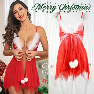 Christmas Lingerie for Women Lace Embroidery Santa Babydoll Sexy Sleepwear Dress - Picture 1 of 11