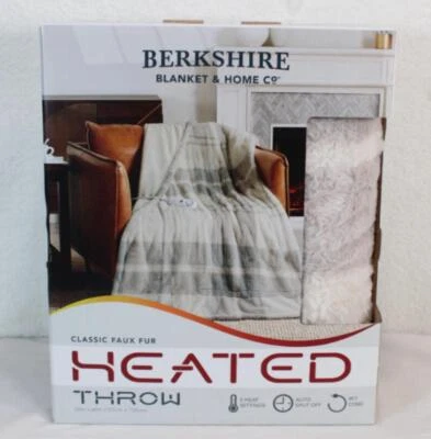Berkshire Blanket Classic Faux Fur Heated Throw 50x60 Cozy Night Plaid Grey NEW - Image 1 of 4