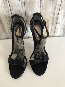 LAMB GWEN STEFANI SCHWARZ SATIN & KETTENGLIEDER FRANSEN STILETTOABSATZ SANDALE 8 BESCHÄDIGT - Bild 1 von 10