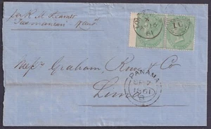 1861 1/- Green Pair SG72 Superb London CDS to Lima per TASMANIAN VFU Cat. £750+ - Picture 1 of 2