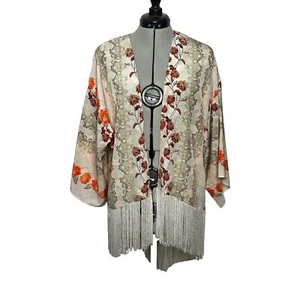 Taylor & Sage Floral Patterned Kimono w/White Fringe hemline Sz M/L - Picture 1 of 10
