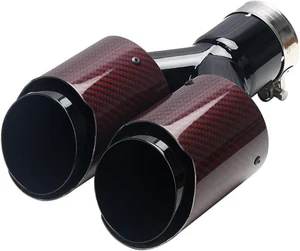 Carbon Fiber Exhaust Tip 2.5" Inlet to Dual Black Pipe and Red Shell - Foto 1 di 7