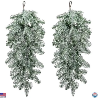 Paquete de 2 coronas de Navidad Watayo 28" imitación nieve flocado pino Norfolk lágrima botín Foto 1 de 4