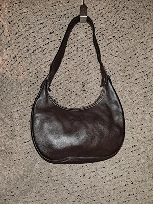 LONGCHAMP-Dark Brown Pebbled Leather Hobo/Baguette-Vintage-Logo Studs-Near Mint - Image 1 of 4