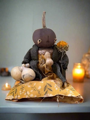Primitive Handcrafted Pumpkin Doll Gail w/ Gourd 12" - Image 1 of 4