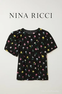 Nina Ricci Black Floral Silk Blend Puff Shoulder Blouse Top Size S (FR 42) - Picture 1 of 9