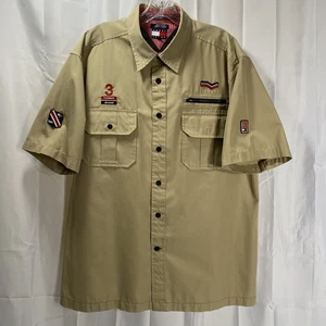 Camisa Parche Tommy Hilfiger Para Hombre XL Con Botones Manga Corta Bolsillos Caqui De Colección Rara - Imagen 1 de 20