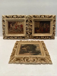 Vintage 3er Set verzierte Syrokko Holz gerahmte Drucke - Bild 1 von 14