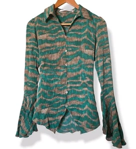 Diane von Furstenberg DVF XS Bluse grün Animalprint Glockenärmel geknöpft - Bild 1 von 14