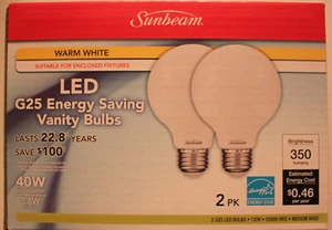 Sunbeam (2-PACK) 3.8 Watt (= 40 Watt) LED G25 Globe Vanity Bulbs - Warm White - Picture 1 of 2