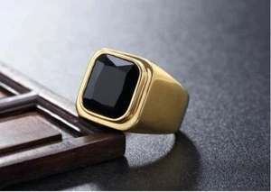 18K GOLD EP 2.0CT BLACK ONYX MENS RING size 7-15 YOU CHOOSE - Picture 1 of 1