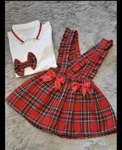 HANDMADE CHECK TARTAN RED GIRLS OUTFIT SET SKIRT POLO SHIRTS CLIP 2-14 XMAS - Picture 1 of 1