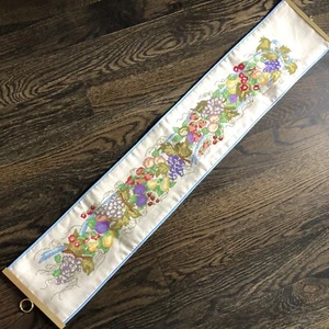 Vtg Completed Cross Stitch Bell Pull Blue Ribbon Fruit Brass Hanger 42.5" x 8" - Picture 1 of 8