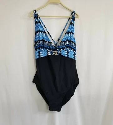 Traje de baño de una pieza Anne Cole estampado azul y blanco parte inferior negra cuello en V profundo talla 18 Foto 1 de 4