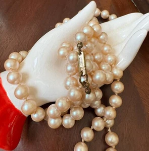 Vintage Miriam Haskell Glass Pearl Necklace Long Hand Knotted Ivory Strand - Picture 1 of 7