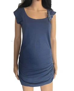 B8 TERANOVA Blue Mini Ruched Summer Butterfly Cotton Dress Sz M - Picture 1 of 3
