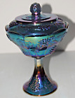 Vtg Indiana Harvest Blue Iridescent Carnival Glass Pedestal Candy Dish w/Lid