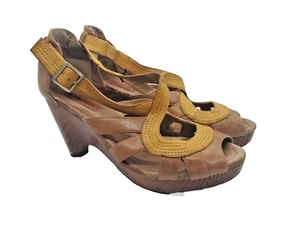 Miz Mooz Women's Size 9  Petra Brown Yellow Leather Peep Toe High Heel Sandals - Picture 1 of 16