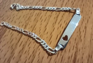 Vtg 925 Italy Silver 3mm Figaro Chain ID Band Heart Cutout 6 1/8" Bracelet - Picture 1 of 6