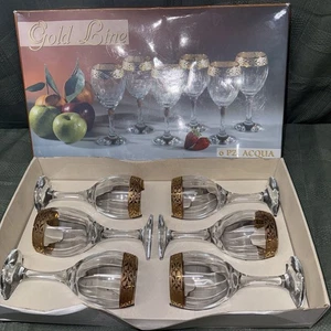 6 Mid Century Italian Crystal Wine/Water Glasses Gold Rim Cristal 3A Mint Cond - Picture 1 of 12
