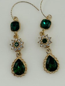 Emerald Green Rhinestone Drop Earrings Gold Tone Dangle - Picture 1 of 6