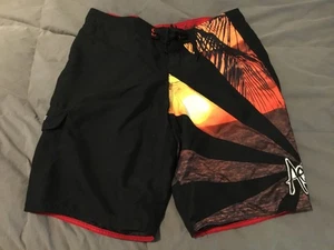 Aeropostale Men’s Swim Trunks Shorts Size 34 Black Sun Red Orange Pocket - Picture 1 of 1