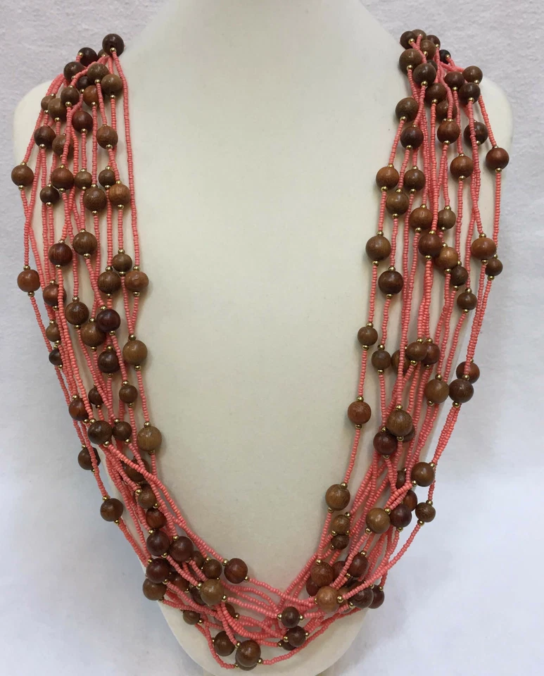 Joan Rivers Bib Necklace Coral Pink Seed & Brown Wood Wooden Bead Multi Strand  - Image 1 of 4