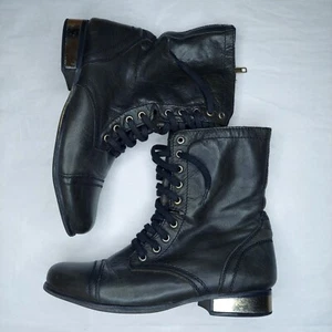 Steve Madden Troopa Boots Womens 9 Dark GREEN Leather Gold Kick-Plate Hardware - Picture 1 of 9