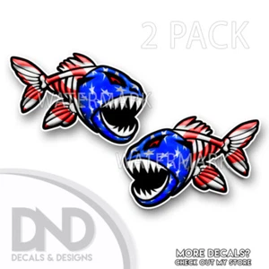 American Flag Skeleton Fish Vinyl Sticker Truck Boat Decal Fishing Graphics 2 Pk - Picture 1 of 4