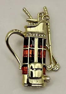Vtg Dane Craft Golf Bag Clubs Brooch Pin Enamel Gold Tone Rhinestone Pearl 2.5" - Picture 1 of 5