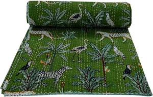 King green Kantha Bedspread Handmade Quilts Throw Cotton Blanket Boho Vintage - Picture 1 of 6