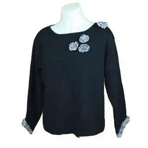 Kathy Levine Black Blouse Cheetah Animal Print Cuff Shoulder Chest Accents Large - Picture 1 of 5