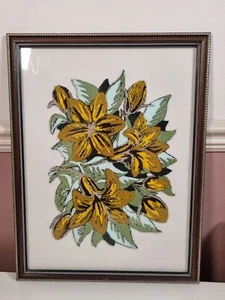Vintage Crewel Embroidery Yellow Tropical Flowers Green Leafs Framed Wall Art - Picture 1 of 13