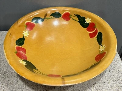 Munising Wood Hand Painted 10.5”x3” Strawberries 3 Footed Serving Bowl EUC - Image 1 of 4