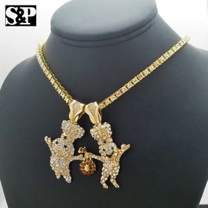 Hip Hop 2 DOUGHBOY Pendant & 1 ROW Lab Diamond 16" Tennis Choker Chain Combo Set - Picture 1 of 12
