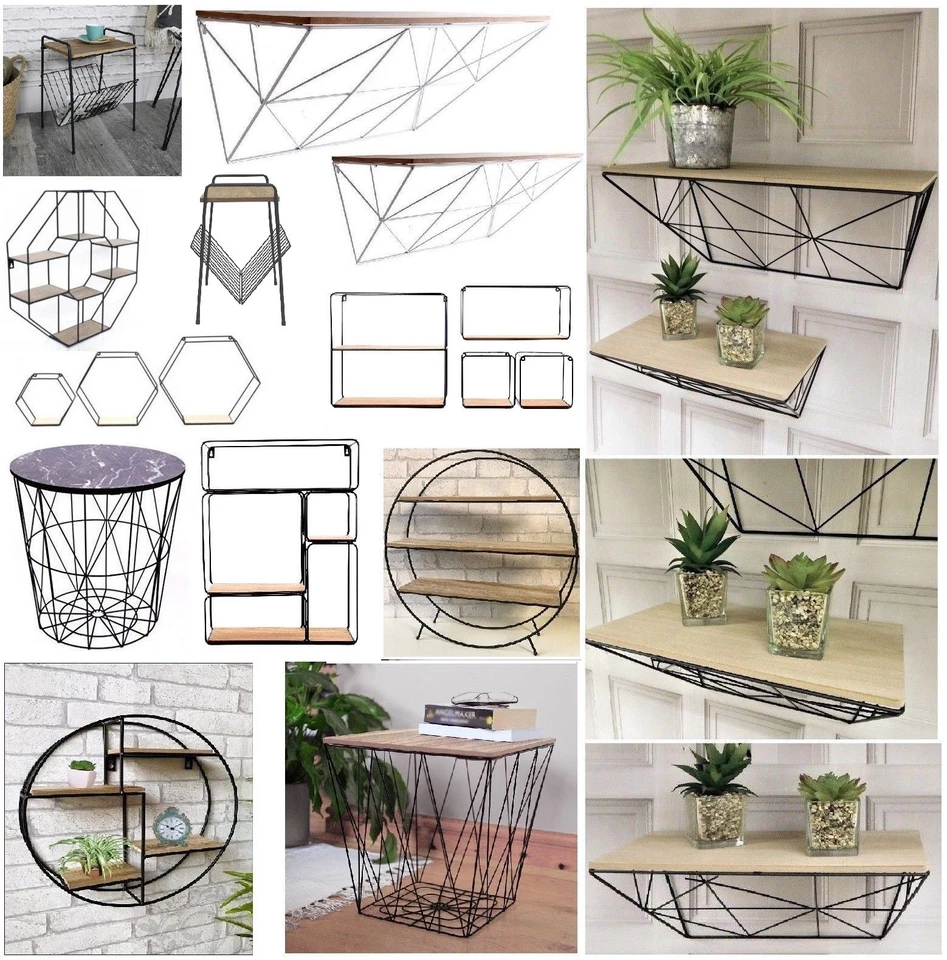 Vintage Wall Storage Unit Retro Wood Industrial Style Metal Wire Shelf Rack New - Image 1 of 3