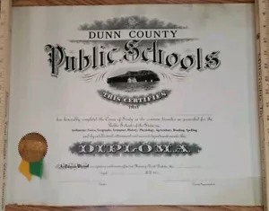 Vintage 1918 DIPLOMA & SIGILLO North Dakota Dunn County scuole pubbliche DONNA DONNA - Foto 1 di 18