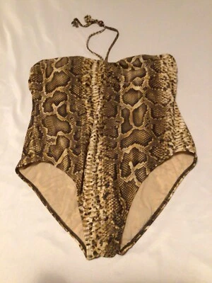Traje de baño Spiegel 1 pieza ~ Estampado de piel de serpiente ~ Marrón ~ Corbata en el cuello ~ Talla 18 ~ ¡En muy buena condición! Foto 1 de 4