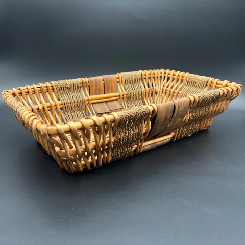 Vintage Woven Wicker Wood Stick Basket Large 19" Rectangle Rustic Farmhouse Cover