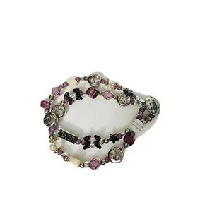 Hand Crafted 2 Strand Glass and Metal Bead Bracelet Purple White Silver Tone - Picture 1 of 3