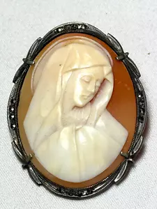 CIONDOLO SPILLA MARCASITE ARGENTO 800 VINTAGE ITALIA MADONNA POLLICE MARIA CAMMEO SPEDIZIONE GRATUITA - Foto 1 di 2