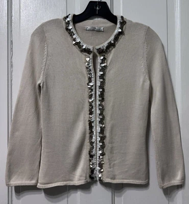 Carolina Herrera 贝壳串珠装饰象牙色米色开衫毛衣 M 码 — 第 1/4 张图片