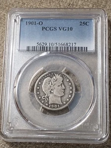 1901-O Much Better Date Silver Barber Quarter, PCGS VG10 - Picture 1 of 3