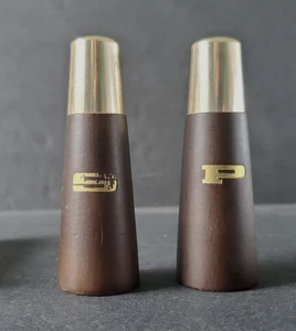 Vintage MCM Wood Metal Salt Pepper Shakers Never Used w/Box 3 1/4" - Picture 1 of 9