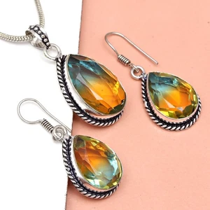 Conjunto de Turmalina Piedras Preciosas Regalo Boda Fiesta Bicolor Colgante, Pendiente, Anillo - Imagen 1 de 12